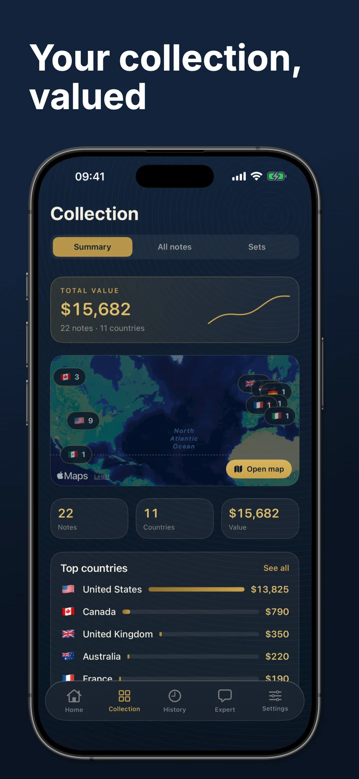 Your collection, valued — total value, world map, and top countries