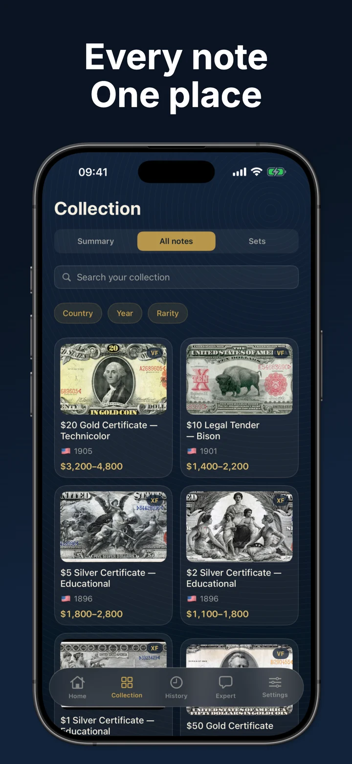 Every note, one place — collection grid of classic US large-size notes