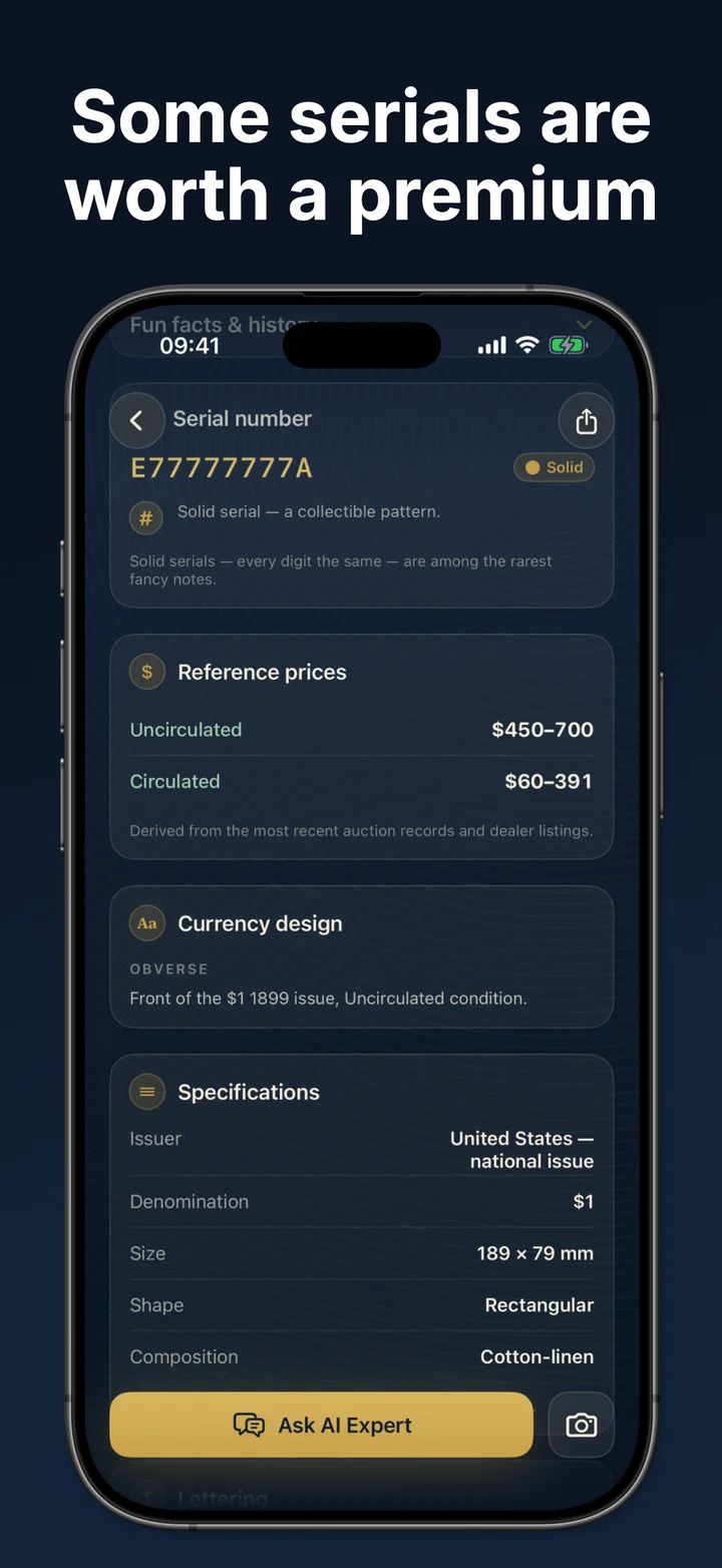 Some serials are worth a premium — solid serial E77777777A detected