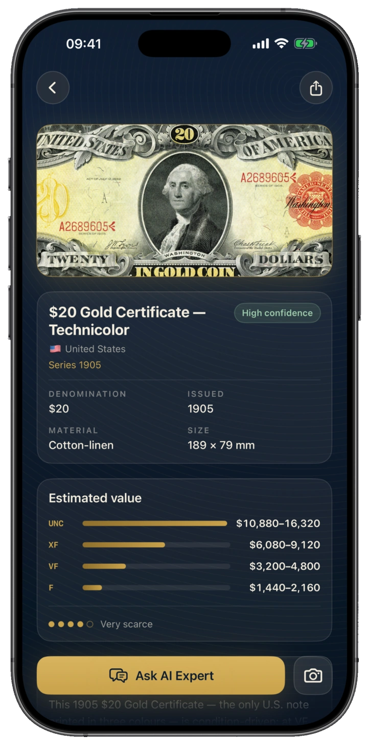 NoteValue identifying a 1905 $20 Gold Certificate and showing its estimated value by grade